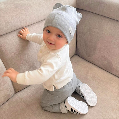 BEAR Cotton Baby Beanie with Teddy Ears – Mist | Ribbed One Layer Hat – BUBOO