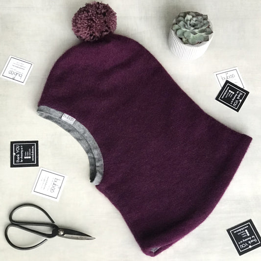 Stylish fall winter mohera wool kids HELMET with pompom purple