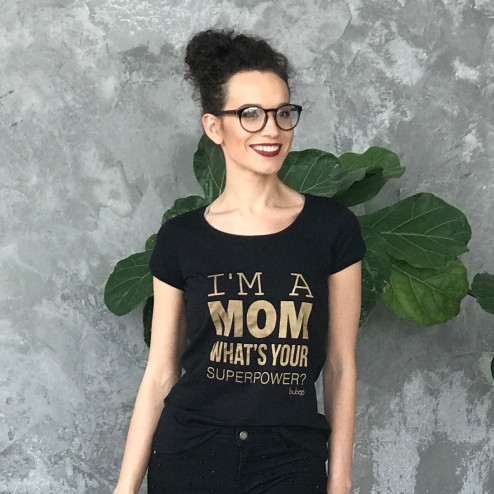 Female stylish T-shirt with print MOM SUPERPOWER, black