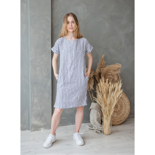 Woman soft linen dress with bluish and light cream stripes 