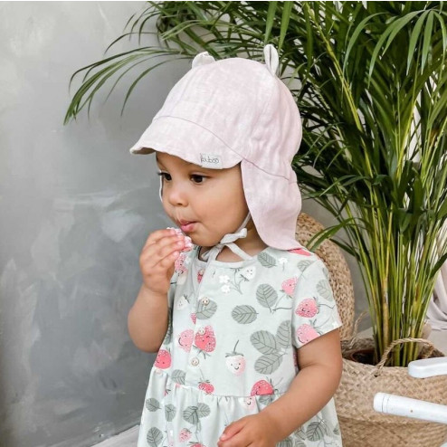 Summer kids beanie with visor, laces and neck protection (softened linen) - pink