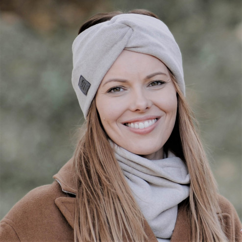 Womens snood and headband set in the box for fall, winter, spring - Latte