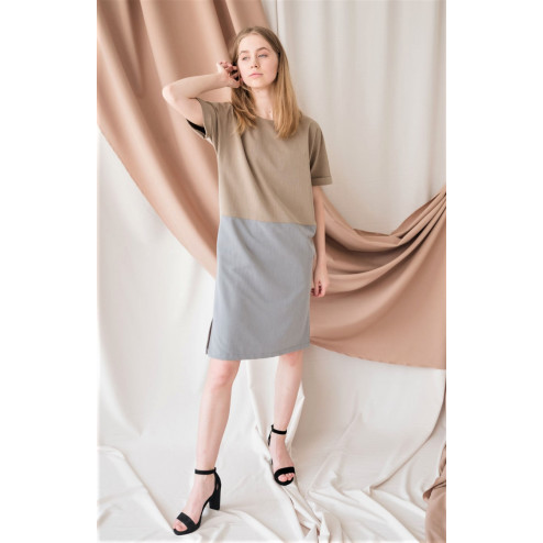 Female stylish linen/viscose dress DUAL sand/grey with short sleeves
