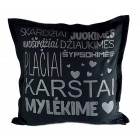 Interior pillow with print KARŠTAI MYLĖKIME, dark grey