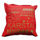 Interior pillow with print KARŠTAI MYLĖKIME, red
