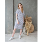 Woman soft linen dress with bluish and light cream stripes 