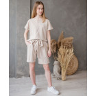 Female stylish linen/viscose blouse TAHO with short sleeves and hidden zipper in the front, sand