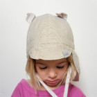 BEAR summer kids beanie with spout, laces and neck protection (100% cotton) - brown stripes