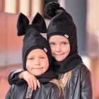 Stylish fall winter mohera wool kids HELMET with pompom BLACK