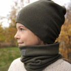 Slouchy Knit kid (2-7y) beanie and snood set in the box for fall, winter, spring - chaki