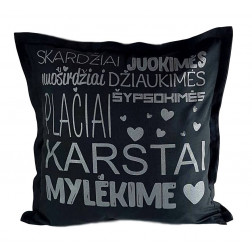 Interior pillow with print KARŠTAI MYLĖKIME, dark grey